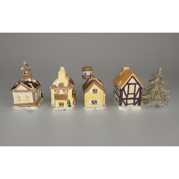 VTG Christmas Village Houses & Tree Approx 4.5”ea W Holes 4 Lights - Picture 4 of 13